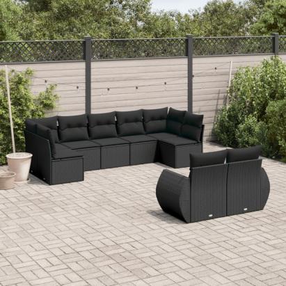 Set mobilier de grădină cu perne, 9 piese, negru, poliratan GartenMobel Dekor