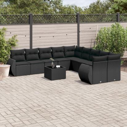 Set canapele de grădină cu perne, 11 piese, negru, poliratan GartenMobel Dekor