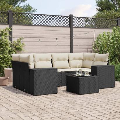 Set canapele de grădină cu perne, 7 piese, negru, poliratan GartenMobel Dekor