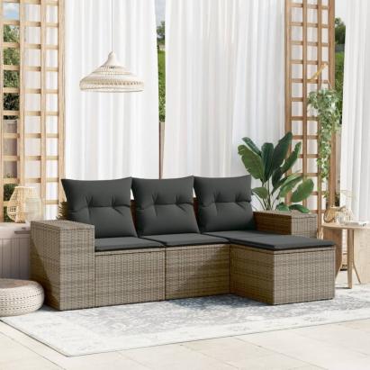 Set canapea de grădină cu perne, 4 piese, gri, poliratan GartenMobel Dekor