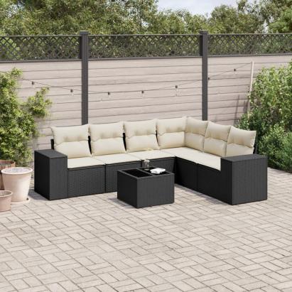 Set canapele de grădină cu perne, 7 piese, negru, poliratan GartenMobel Dekor