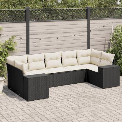 Set canapele de grădină cu perne, 7 piese, negru, poliratan GartenMobel Dekor