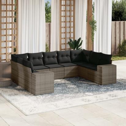 Set canapele de grădină, 9 piese, cu perne, gri, poliratan GartenMobel Dekor
