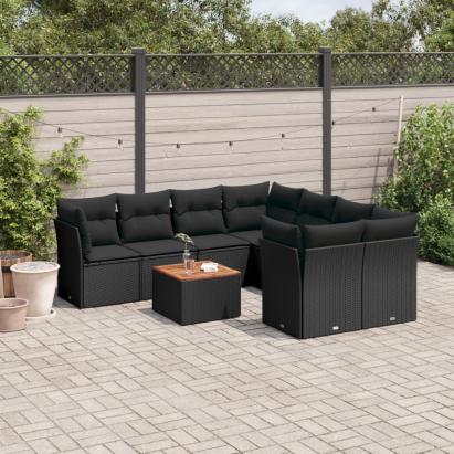Set mobilier de grădină cu perne, 9 piese, negru, poliratan GartenMobel Dekor