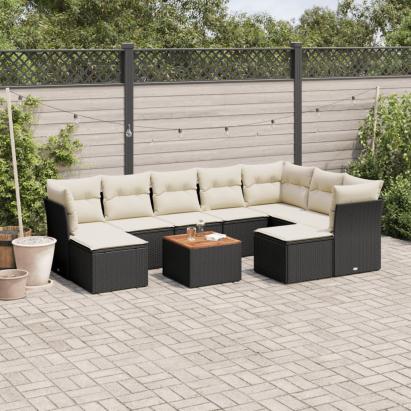 Set canapele de grădină cu perne, 10 piese, negru, poliratan GartenMobel Dekor