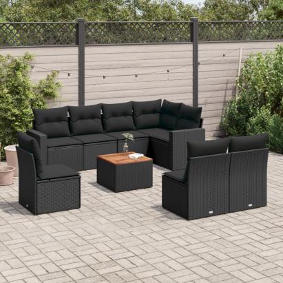 Set mobilier de grădină cu perne, 9 piese, negru, poliratan GartenMobel Dekor