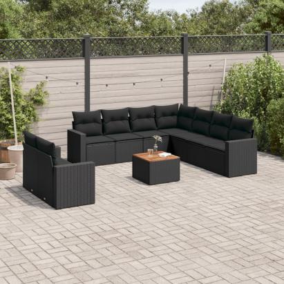 Set canapele de grădină cu perne, 10 piese, negru, poliratan GartenMobel Dekor