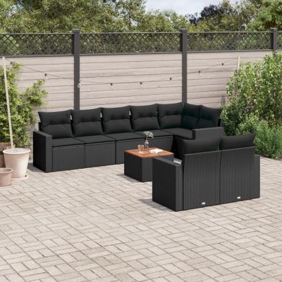 Set mobilier de grădină cu perne, 9 piese, negru, poliratan GartenMobel Dekor