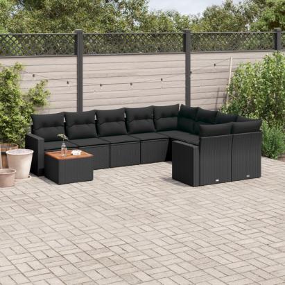 Set canapele de grădină cu perne, 10 piese, negru, poliratan GartenMobel Dekor