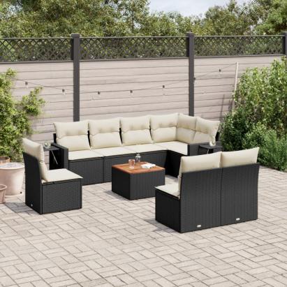 Set mobilier de grădină cu perne, 9 piese, negru, poliratan GartenMobel Dekor