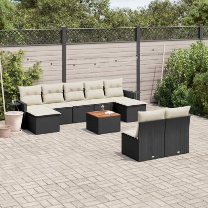 Set canapele de grădină cu perne, 10 piese, negru, poliratan GartenMobel Dekor