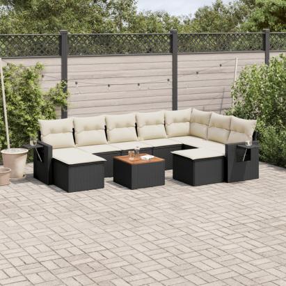 Set canapele de grădină cu perne, 10 piese, negru, poliratan GartenMobel Dekor