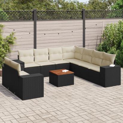 Set canapele de grădină cu perne, 10 piese, negru, poliratan GartenMobel Dekor
