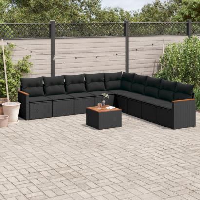 Set canapele de grădină cu perne, 10 piese, negru, poliratan GartenMobel Dekor