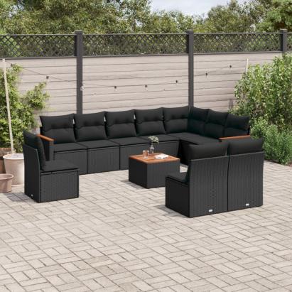 Set canapele de grădină cu perne, 11 piese, negru, poliratan GartenMobel Dekor