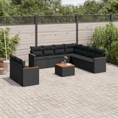 Set canapele de grădină cu perne, 10 piese, negru, poliratan GartenMobel Dekor