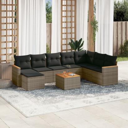 Set canapele de grădină, 9 piese, cu perne, gri, poliratan GartenMobel Dekor
