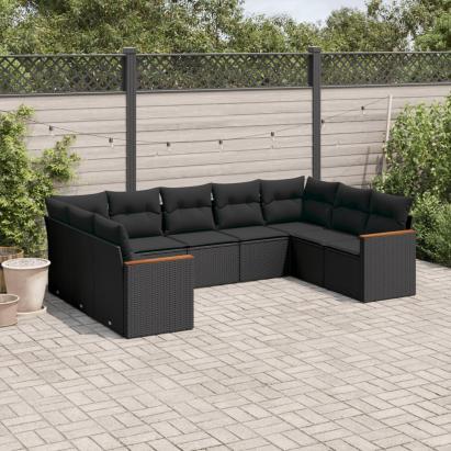 Set mobilier de grădină cu perne, 9 piese, negru, poliratan GartenMobel Dekor