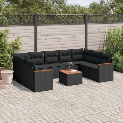 Set canapele de grădină cu perne, 10 piese, negru, poliratan GartenMobel Dekor