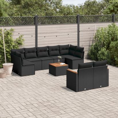 Set canapele de grădină cu perne, 10 piese, negru, poliratan GartenMobel Dekor