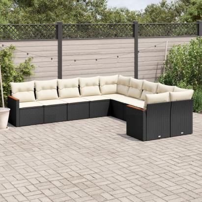 Set canapele de grădină cu perne, 10 piese, negru, poliratan GartenMobel Dekor