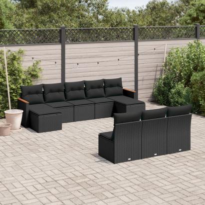Set canapele de grădină cu perne, 10 piese, negru, poliratan GartenMobel Dekor