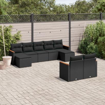 Set mobilier de grădină cu perne, 9 piese, negru, poliratan GartenMobel Dekor