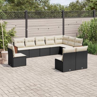 Set canapele de grădină cu perne, 10 piese, negru, poliratan GartenMobel Dekor