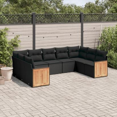 Set mobilier de grădină cu perne, 9 piese, negru, poliratan GartenMobel Dekor