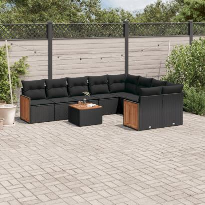 Set canapele de grădină cu perne, 10 piese, negru, poliratan GartenMobel Dekor