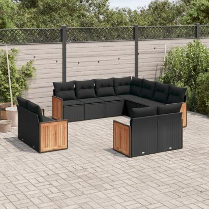Set canapele de grădină cu perne, 11 piese, negru, poliratan GartenMobel Dekor