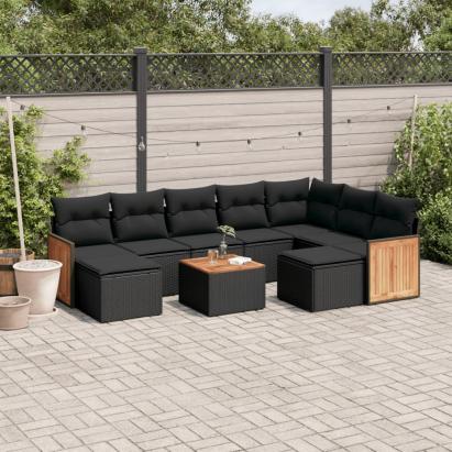 Set canapele de grădină cu perne, 10 piese, negru, poliratan GartenMobel Dekor