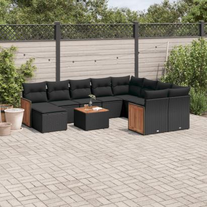 Set canapele de grădină cu perne, 11 piese, negru, poliratan GartenMobel Dekor