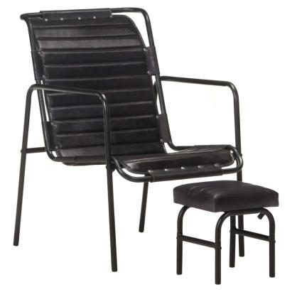Fotoliu de relaxare cu suport picioare, negru, piele naturală GartenMobel Dekor
