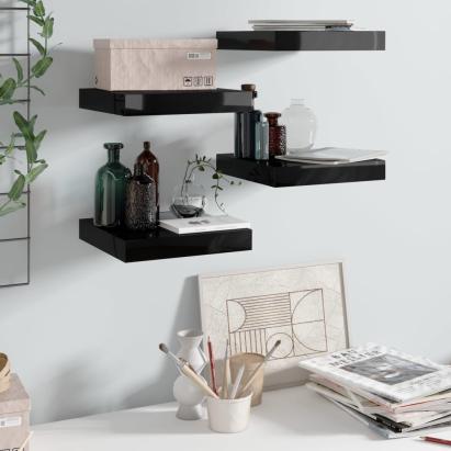 Rafturi de perete 4 buc. negru extralucios 23x23,5x3,8 cm, MDF GartenMobel Dekor