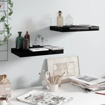 Rafturi de perete, 2 buc., negru extralucios, 40x23x3,8 cm, MDF GartenMobel Dekor