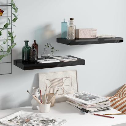 Rafturi de perete, 2 buc., negru extralucios, 50x23x3,8 cm, MDF GartenMobel Dekor