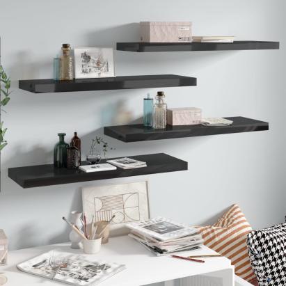 Rafturi de perete, 4 buc., negru extralucios 80x23,5x3,8 cm MDF GartenMobel Dekor