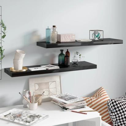 Rafturi de perete, 2 buc., negru extralucios 90x23,5x3,8 cm MDF GartenMobel Dekor