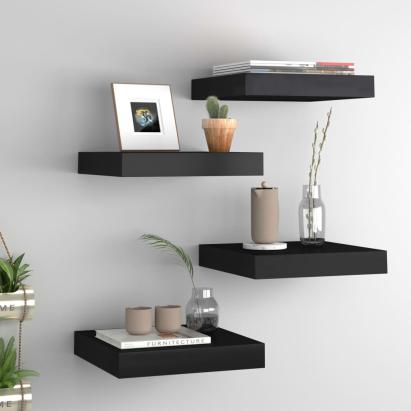Rafturi de perete suspendate, 4 buc., negru, 23x23,5x3,8 cm MDF GartenMobel Dekor