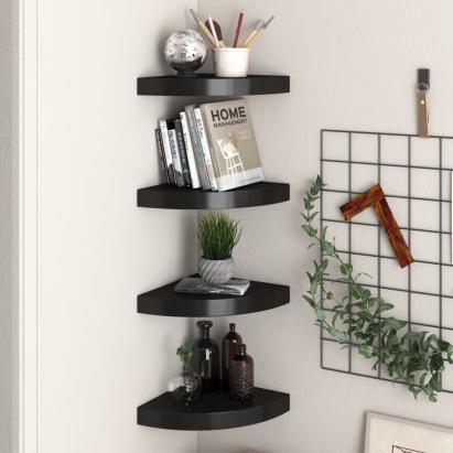 Rafturi colțar suspendate, 4 buc., negru, 25x25x3,8 cm, MDF GartenMobel Dekor