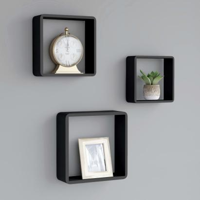 Rafturi de perete cub, 3 buc., negru, MDF GartenMobel Dekor