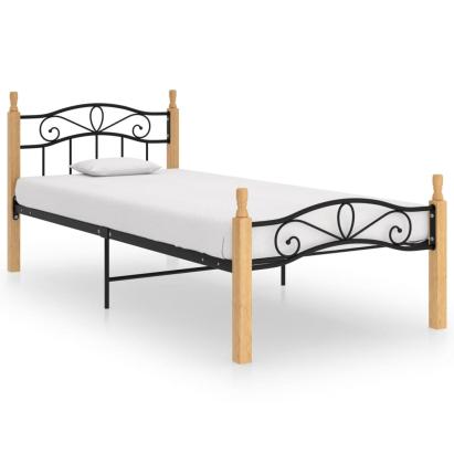 Cadru de pat, negru, 90x200 cm, metal și lemn masiv de stejar GartenMobel Dekor