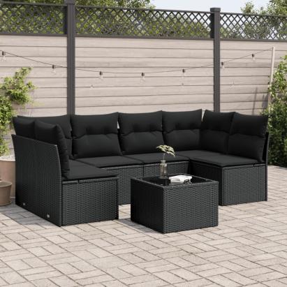 Set canapele de grădină cu perne, 7 piese, negru, poliratan GartenMobel Dekor