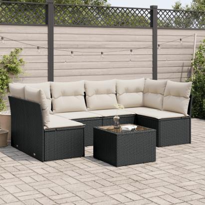 Set canapele de grădină cu perne, 7 piese, negru, poliratan GartenMobel Dekor