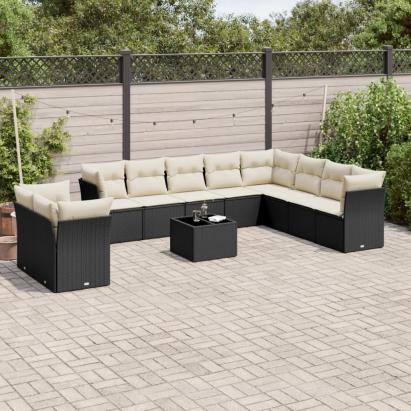 Set canapele de grădină cu perne, 11 piese, negru, poliratan GartenMobel Dekor