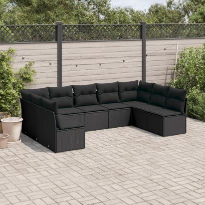 Set mobilier de grădină cu perne, 9 piese, negru, poliratan GartenMobel Dekor
