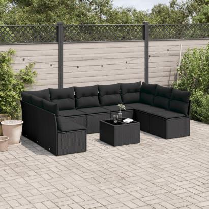 Set canapele de grădină cu perne, 10 piese, negru, poliratan GartenMobel Dekor