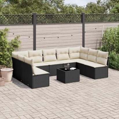Set canapele de grădină cu perne, 10 piese, negru, poliratan GartenMobel Dekor