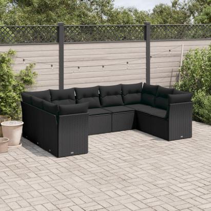 Set mobilier de grădină cu perne, 9 piese, negru, poliratan GartenMobel Dekor